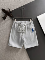 Men's White Drawstring Denim‑Style Casual Shorts, Blue Rider Embroidery Knee‑Length Shorts