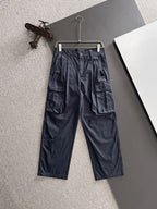 Men's Black Wide‑Leg Cargo Pants, Multi Pockets Rider Embroidery Casual Trousers