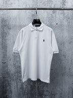 Men's Pique Knit Short‑Sleeve Polo Shirt Small Horse Embroidery Solid Black Casual Top