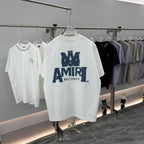 AMIRI Records Denim Patch Applique Back Graphic Crew Neck Short‑Sleeve T‑Shirt