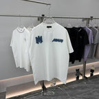 AMIRI Denim Rivet Patchwork Front & Back Graphic Crew Neck Short‑Sleeve T‑Shirt