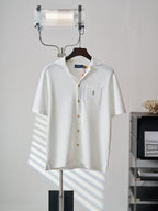 Polo Ralph Lauren Men's Camp‑Collar Button‑Front Waffle‑Knit Short‑Sleeve Shirt, Grey Pony Embroidery