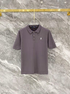 Men's Pique Knit Short‑Sleeve Polo Shirt Small Horse Embroidery Solid Cream Casual Top