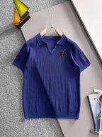 Men's Vertical Rib Knit Short‑Sleeve Polo Shirt Open V‑Collar Chest Embroidery Top
