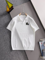 Men's Vertical Rib Knit Short‑Sleeve Polo Shirt Open V‑Collar Chest Embroidery Top