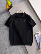 Men's Vertical Rib Knit Short‑Sleeve Polo Shirt Open V‑Collar Chest Embroidery Top