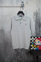 Men's Cable Knit Short‑Sleeve Collared Polo Top, Red Rider Chest Embroidery