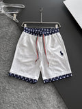 Men's Jacquard Textured Casual Shorts, Geometric Trim Waist & Hem, Rider Embroidery Drawstring Shorts