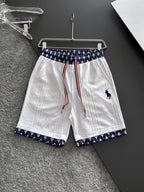 Men's Jacquard Textured Casual Shorts, Geometric Trim Waist & Hem, Rider Embroidery Drawstring Shorts