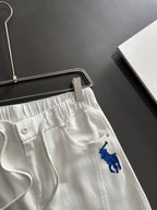 Men's White Drawstring Denim‑Style Casual Shorts, Blue Rider Embroidery Knee‑Length Shorts