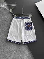 Men's Jacquard Textured Casual Shorts, Geometric Trim Waist & Hem, Rider Embroidery Drawstring Shorts