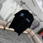 AMIRI Denim Rivet Patchwork Front & Back Graphic Crew Neck Short‑Sleeve T‑Shirt