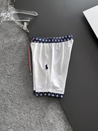 Men's Jacquard Textured Casual Shorts, Geometric Trim Waist & Hem, Rider Embroidery Drawstring Shorts