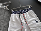 Men's Jacquard Textured Casual Shorts, Geometric Trim Waist & Hem, Rider Embroidery Drawstring Shorts