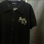 AMIRI Gothic Script Embroidered Short‑Sleeve Knit Cardigan