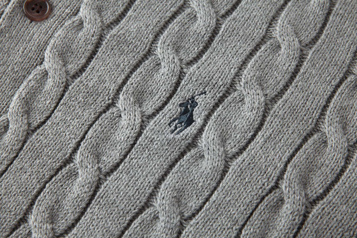 Polo Ralph Lauren Men’s Cable‑Knit Collared Button‑Up Cardigan With Navy Pony Embroidery