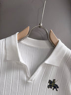 Men's Vertical Rib Knit Short‑Sleeve Polo Shirt Open V‑Collar Chest Embroidery Top