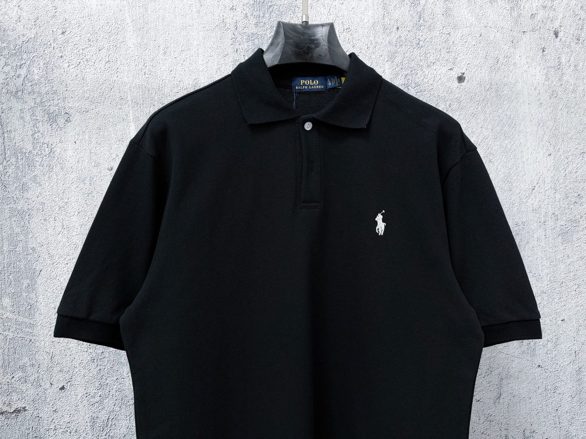Men's Pique Knit Short‑Sleeve Polo Shirt Small Horse Embroidery Solid Black Casual Top