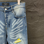 AMIRI Yellow Patch Distressed Printed Slim‑Fit Denim Jeans