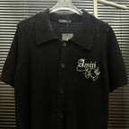 AMIRI Gothic Script Embroidered Short‑Sleeve Knit Cardigan