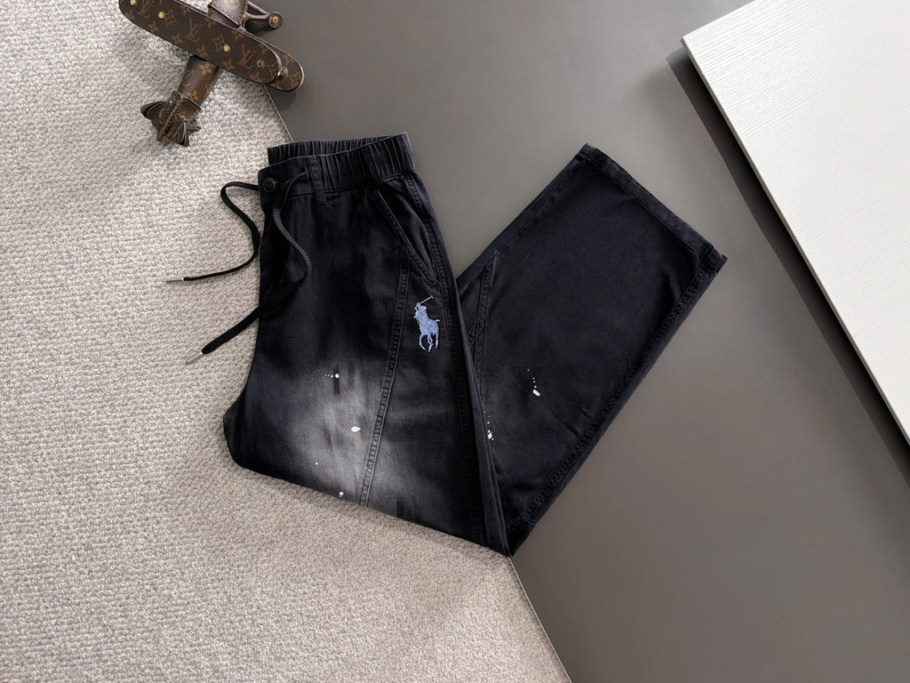 Men's Splatter Paint Wide‑Leg Casual Pants, Elastic Drawstring Waist Rider Embroidery Trousers