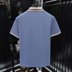 Men's Striped Collar Pique Polo Shirt, Small Badge Embroidery Short‑Sleeve Casual Top