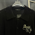AMIRI Gothic Script Embroidered Short‑Sleeve Knit Cardigan
