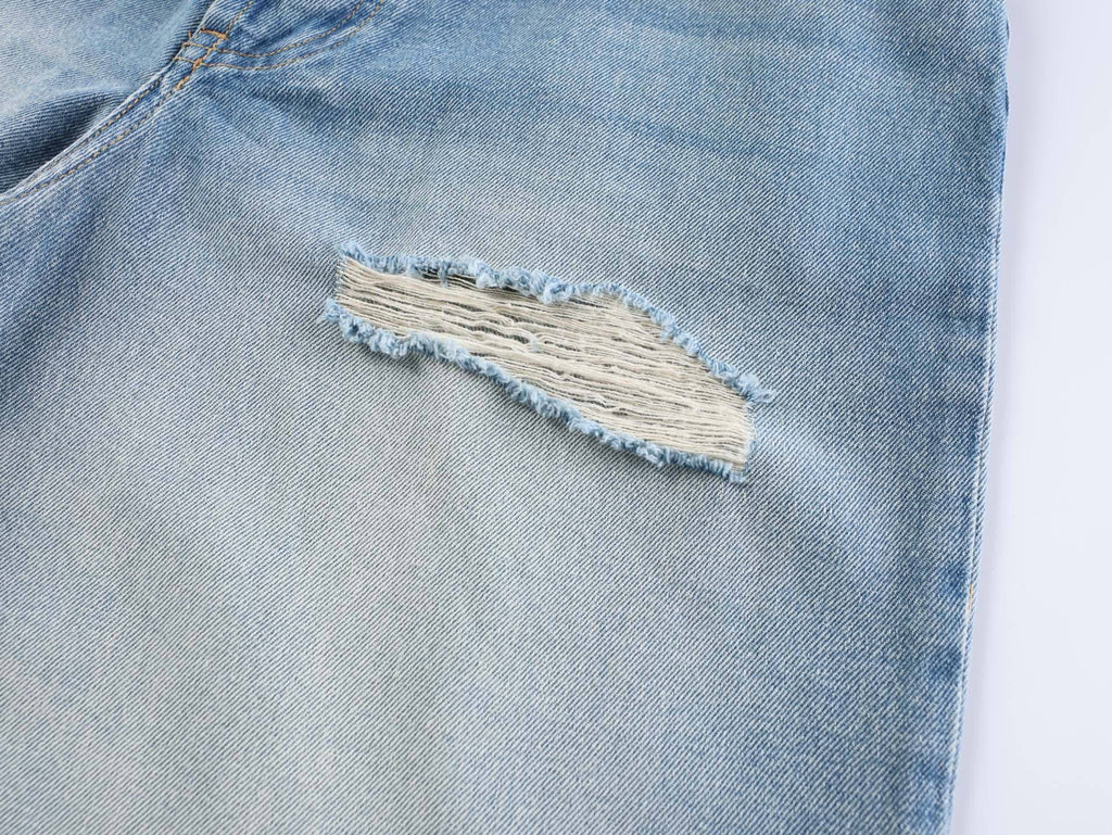 Acne Studios Heavy‑Ripped Distressed Washed Denim Wide‑Leg Jort Shorts