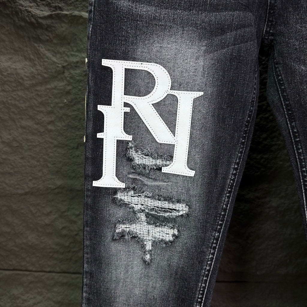 AMIRI Logo‑Print Multi‑Rip Distressed Slim‑Fit Denim Jeans