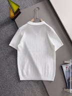 Men's Vertical Rib Knit Short‑Sleeve Polo Shirt Open V‑Collar Chest Embroidery Top